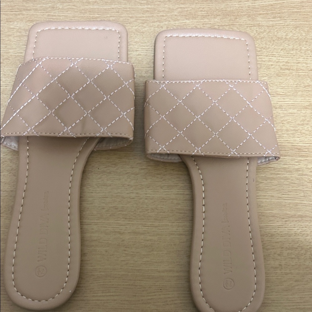 Wild Diva Beige Quilted Slide Sandals